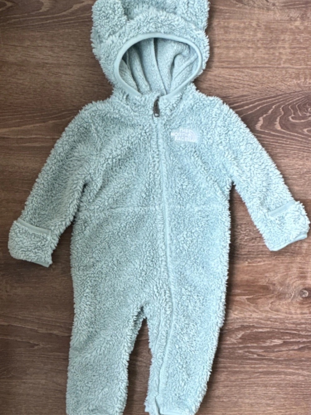 The North Face 3-6 mo Mint aqua Green Plush Hooded snowsuit Teddy bear ears